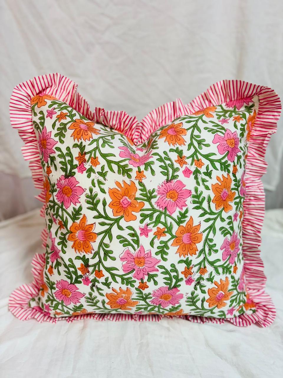Hand Block Print Floral Frill Rectangular cushion Covers Indian Bohemian