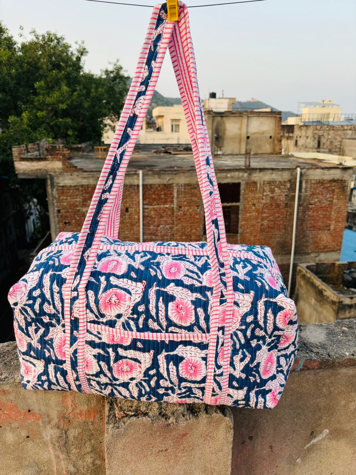 Handblock Printed Duffle Bag – Large (18” x 9” x 9”) | Premium Needle Foam & Fine Outer Fabric