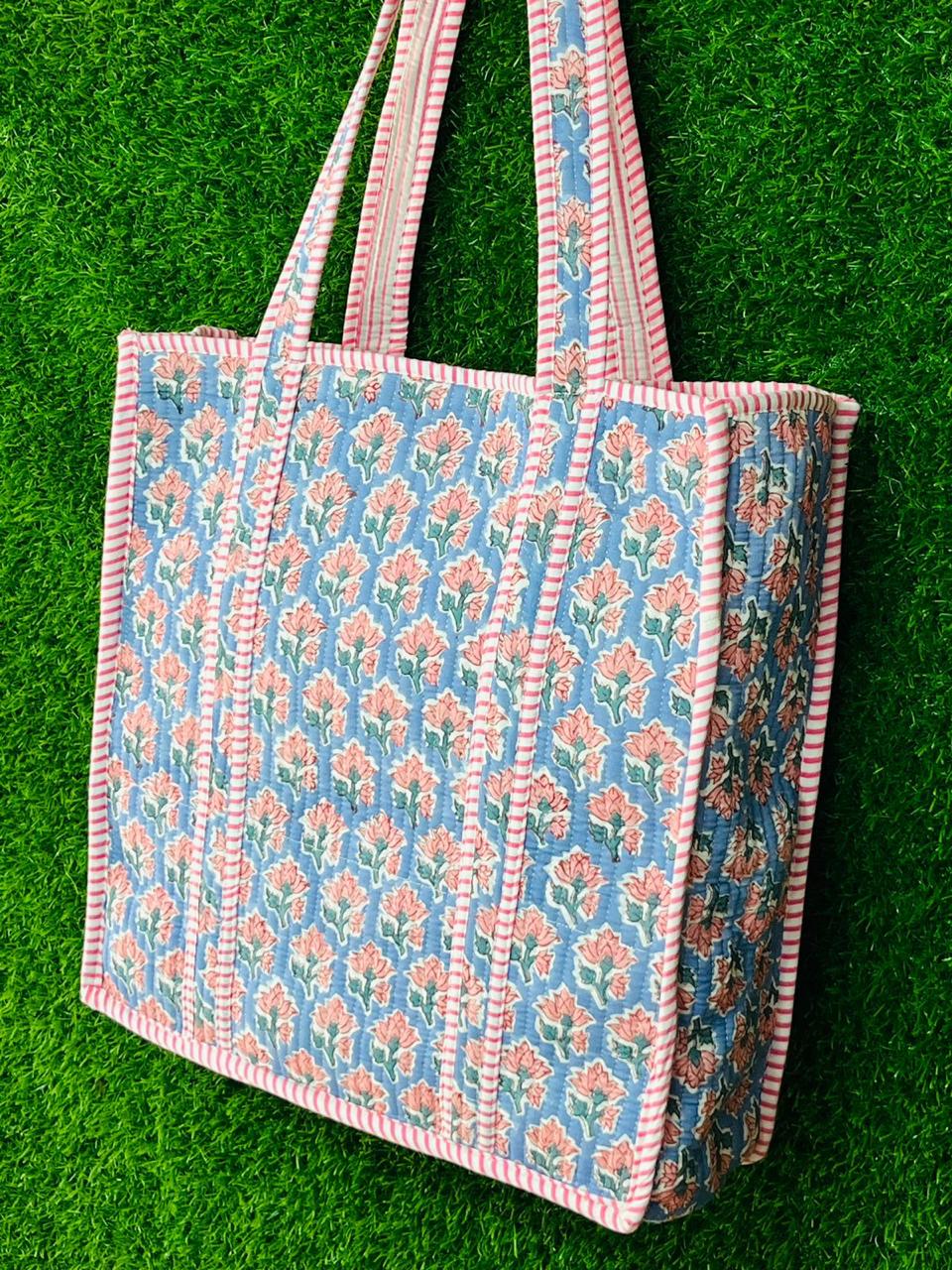 Block Print Tote Bag for Women, Boho Travel Bag, Handmade Shoulder Purse