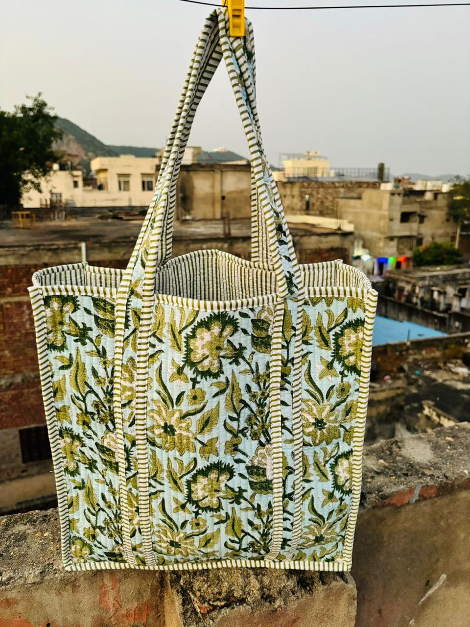 Oversized Large Quilted Weekend Tote Bag - Cotton Block Printed Overnight Beach Bag