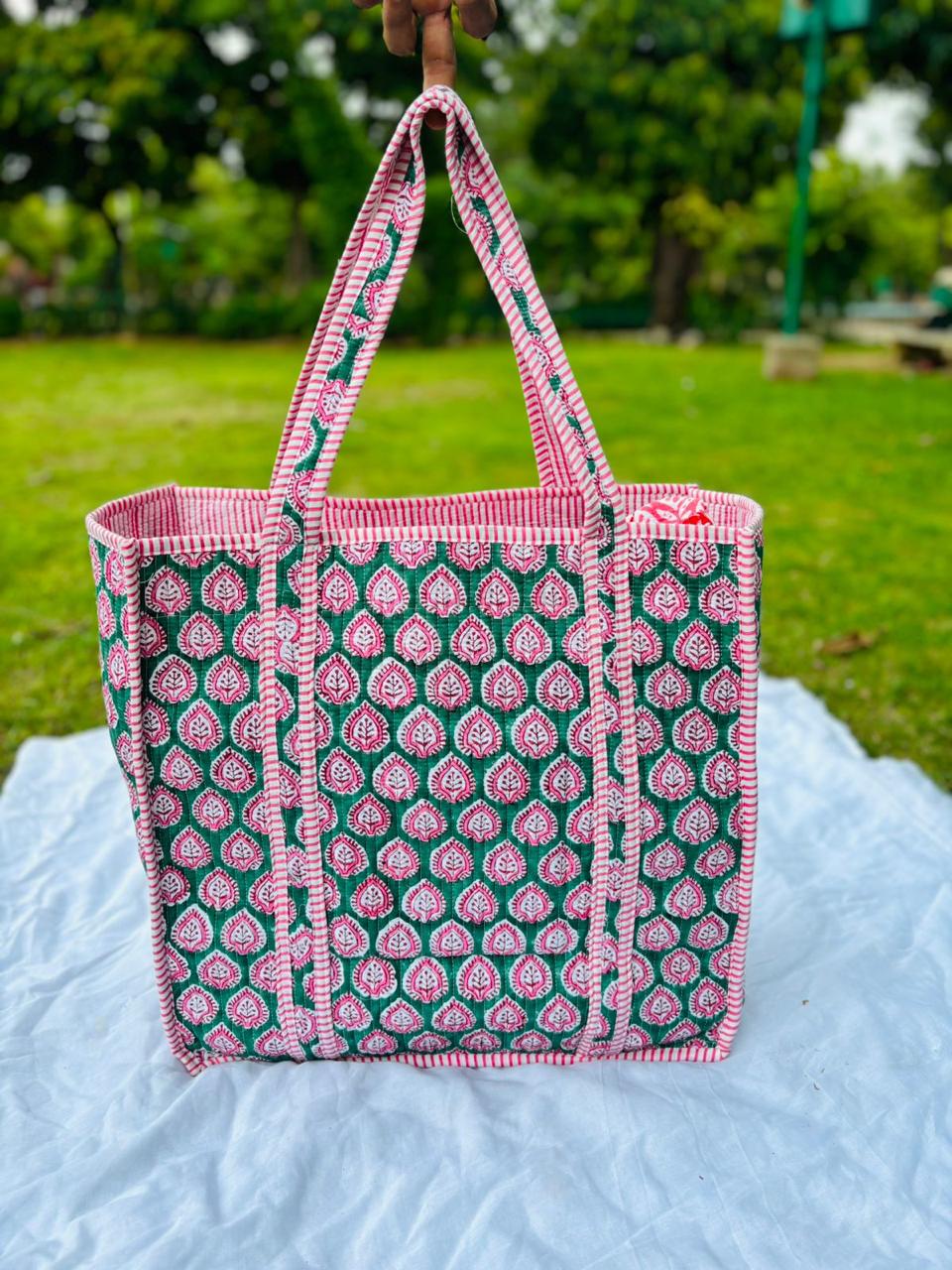 Cotton Handprint Floral Shopping Tote Bag