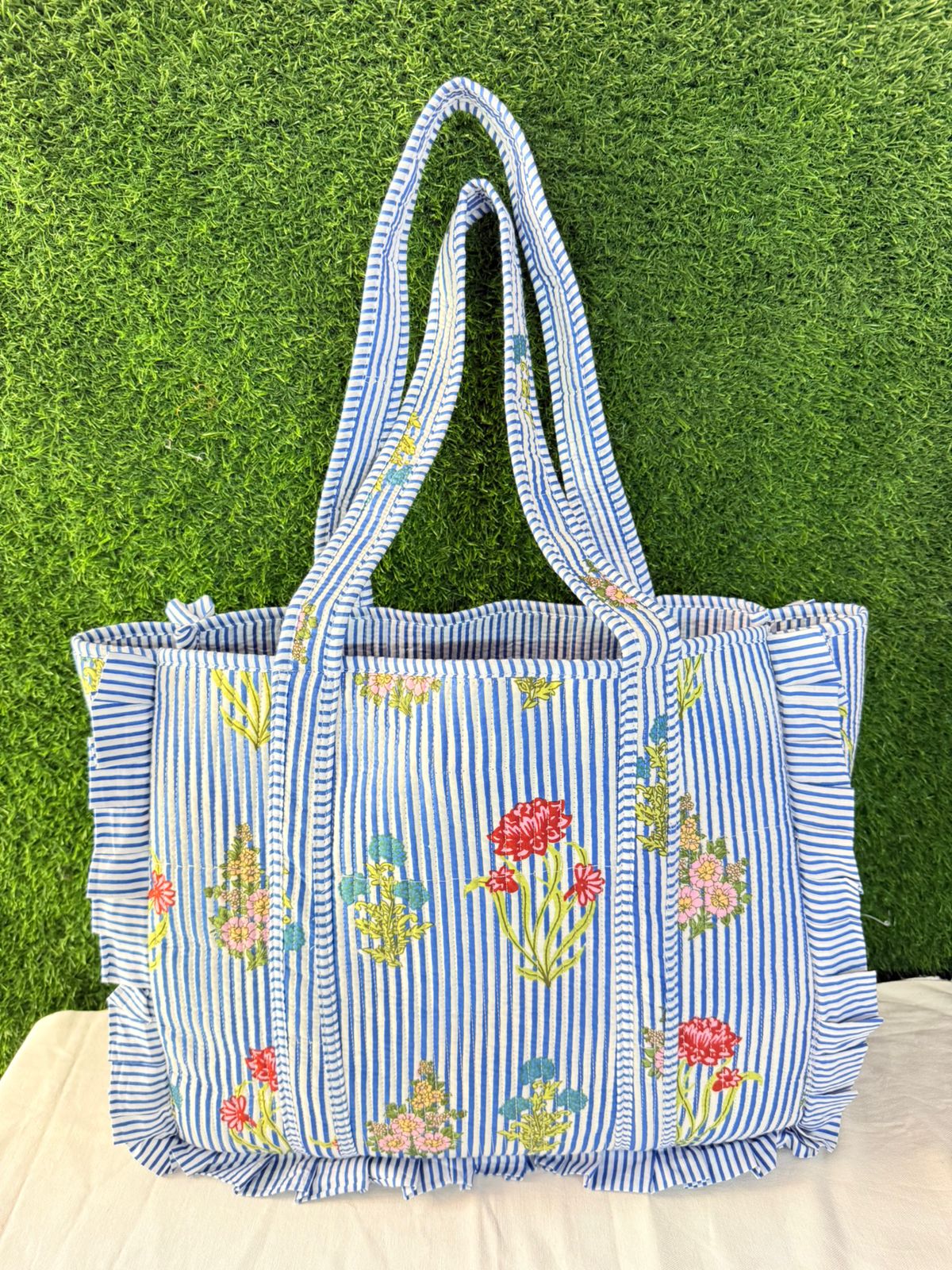 Blue Ruffle Tote Bag Large Boho Floral bags