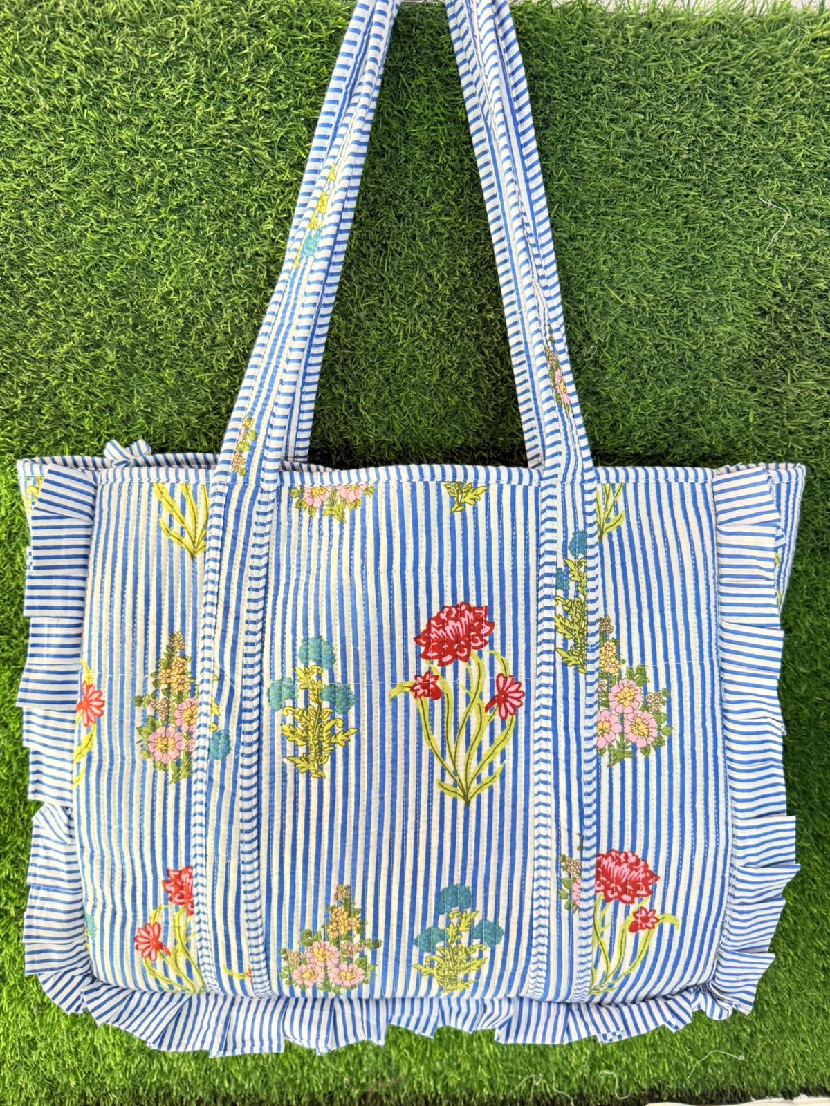Blue Ruffle Tote Bag Large Boho Floral bags