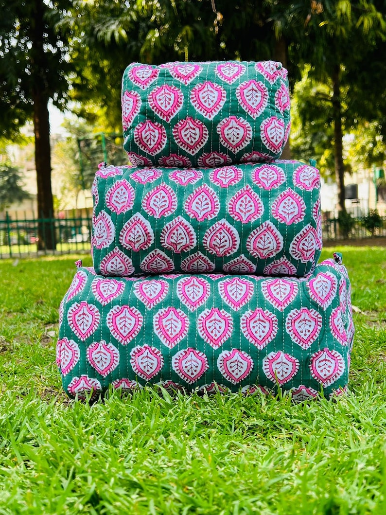 Large Cotton Quilted Block Printed Makeup Bag | Handmade Pouch Bag | Toiletry Bag |