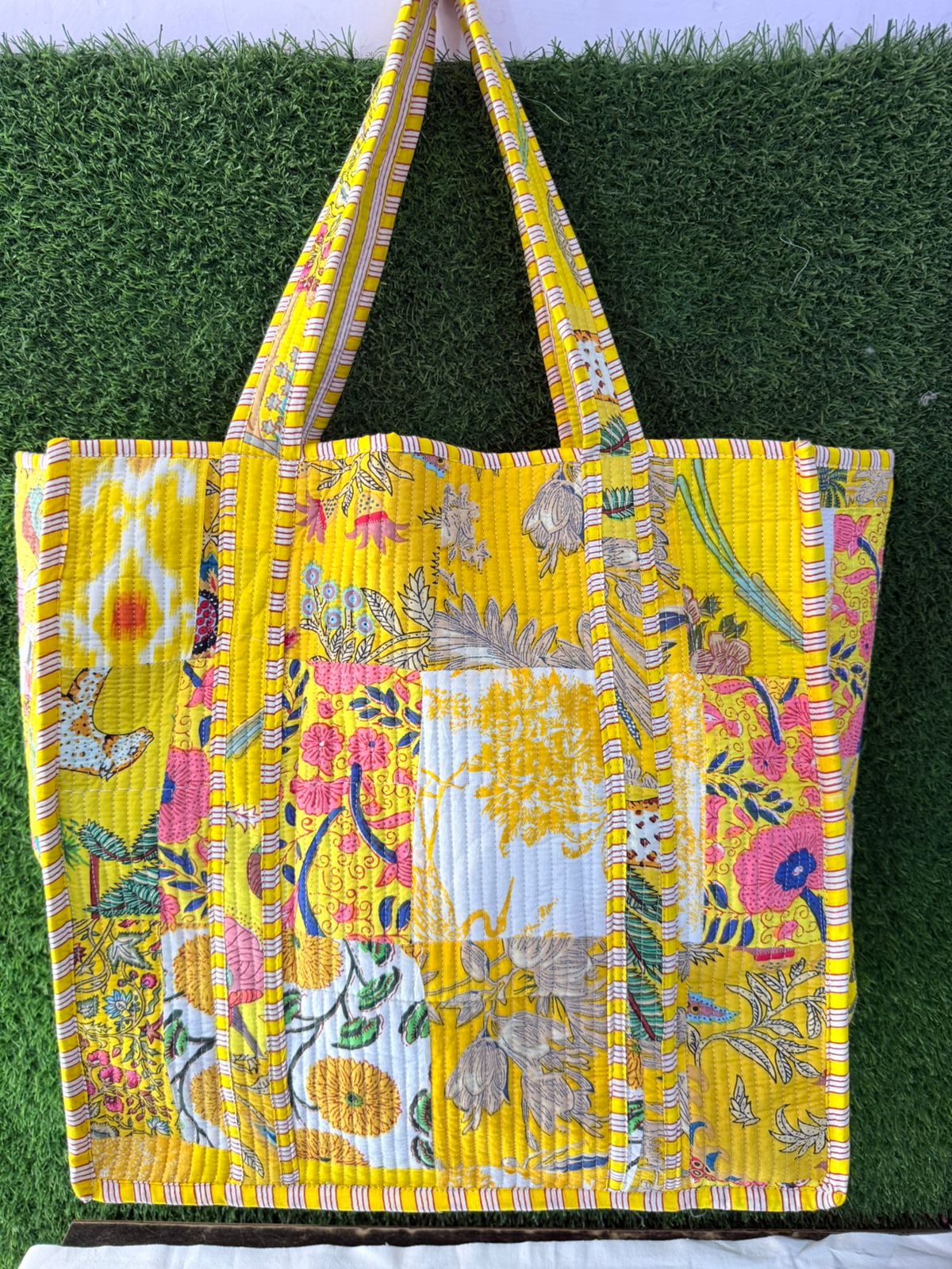 Handmade Quilted Block Print Fabrics | Premium Cotton & Needle Foam Patch tote