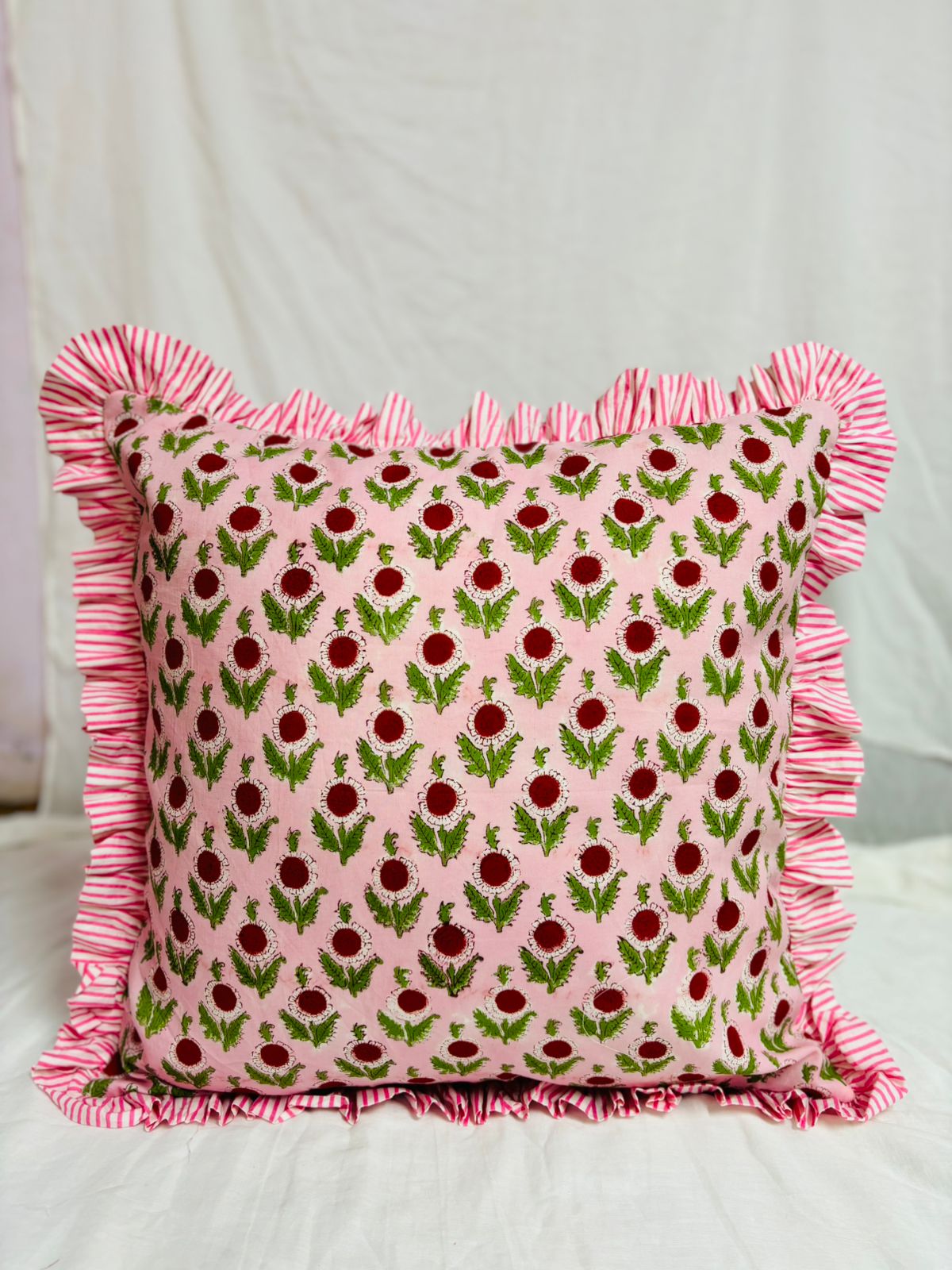 Hand Block Print Floral Frill Rectangular cushion Covers Indian Bohemian