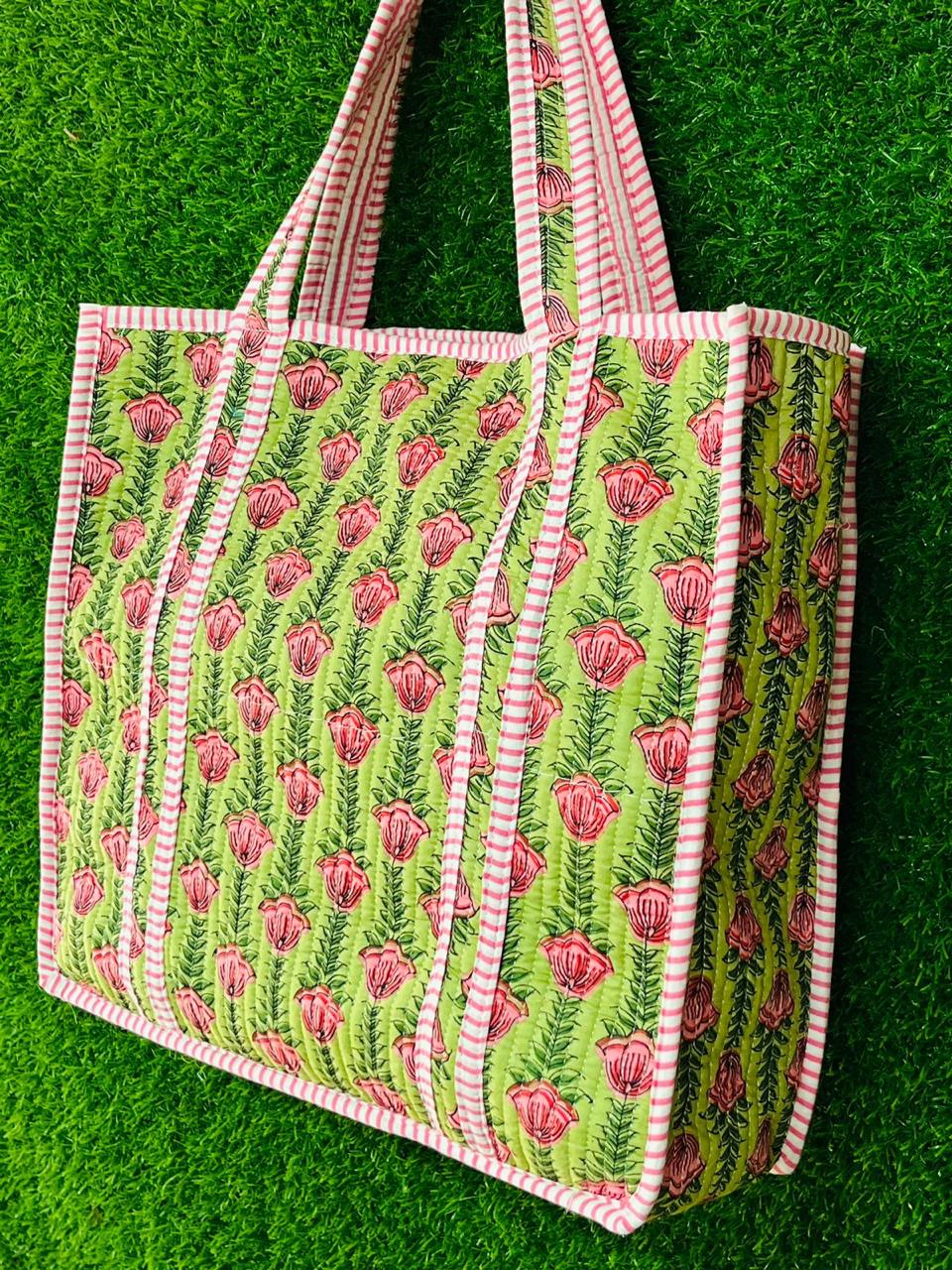 Cotton Quilted Bag, Block Print Tote Bag for Women, Boho Travel Bag, Handmade Shoulder Purse,