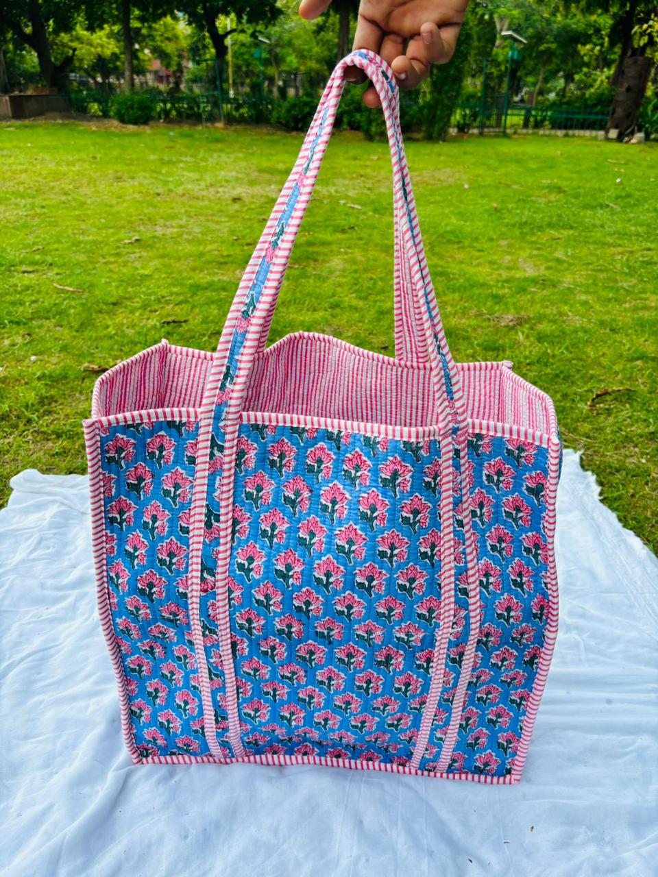 Quilted Weekend Tote Bag - Cotton Block Printed Overnight Beach Bag