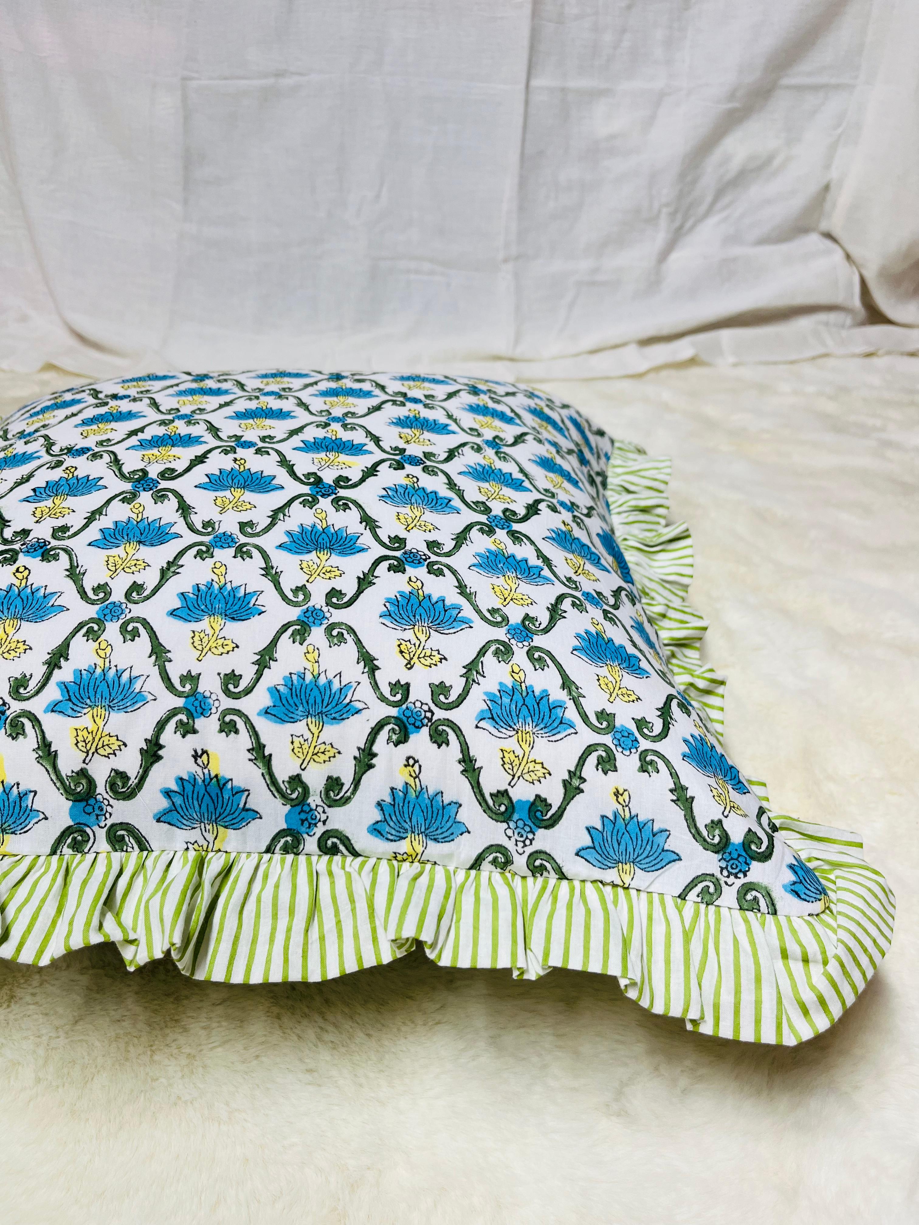 Ruffled Pillow Covers |Indian Frill Pillow Shams | Cotton Pillow Cases | Block print Cushions |Throw Pillow Cover | Boho Bedding Pillows