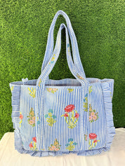 Blue Ruffle Tote Bag Large Boho Floral bags