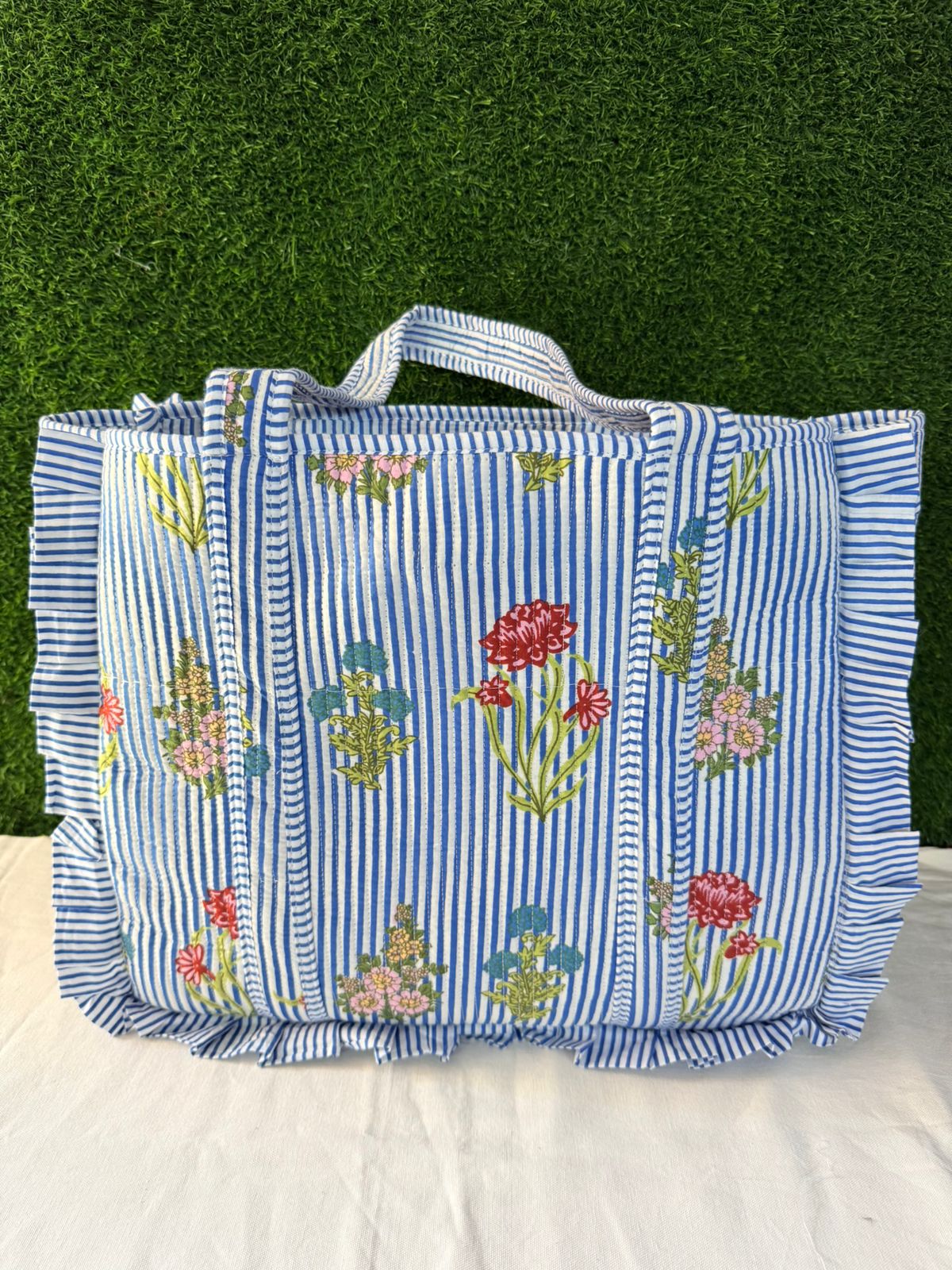 Blue Ruffle Tote Bag Large Boho Floral bags