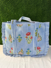 Blue Ruffle Tote Bag Large Boho Floral bags