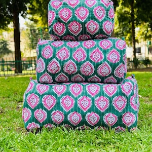 Large Cotton Quilted Block Printed Makeup Bag | Handmade Pouch Bag | Toiletry Bag |